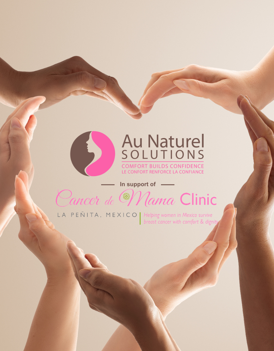 Comfort, Au Solutions Naturel, Women, cancer survivor, Comfort 'n' Confidence, breast prosthesis, solutions for breast cancer, made in Canada, hands, Cancer de mama clinic logo, Go fund me